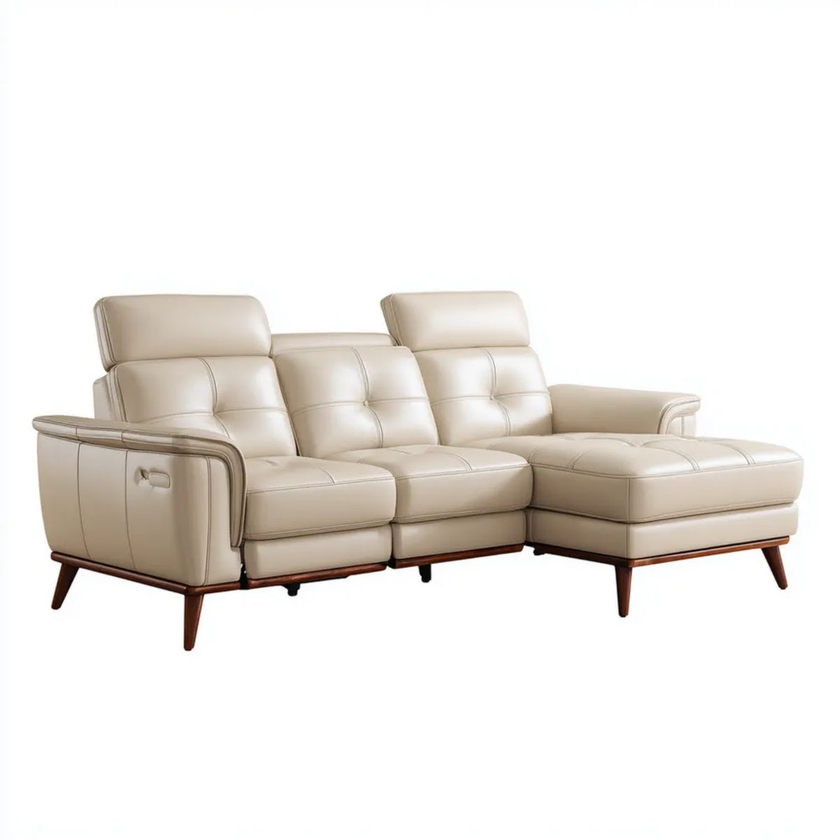 Prawostronna sofa narożna z funkcją relaks, kremowa skóra PU, 255 × 165 × 102 cm