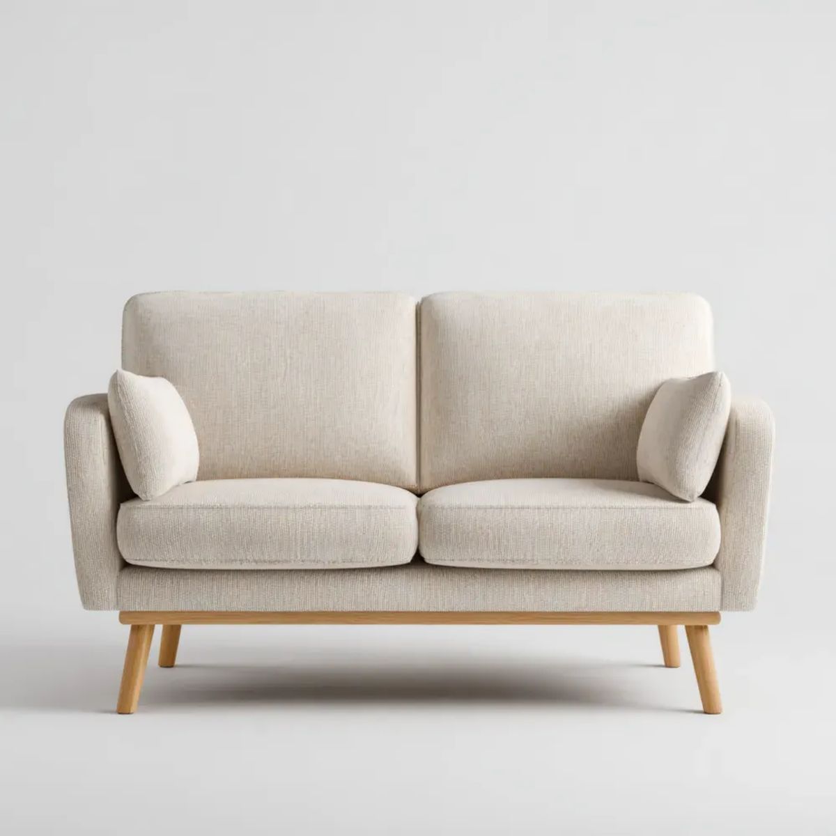 Beżowa sofa dwuosobowa z tkaniny na drewnianych nogach, 145 x 80 x 84 cm