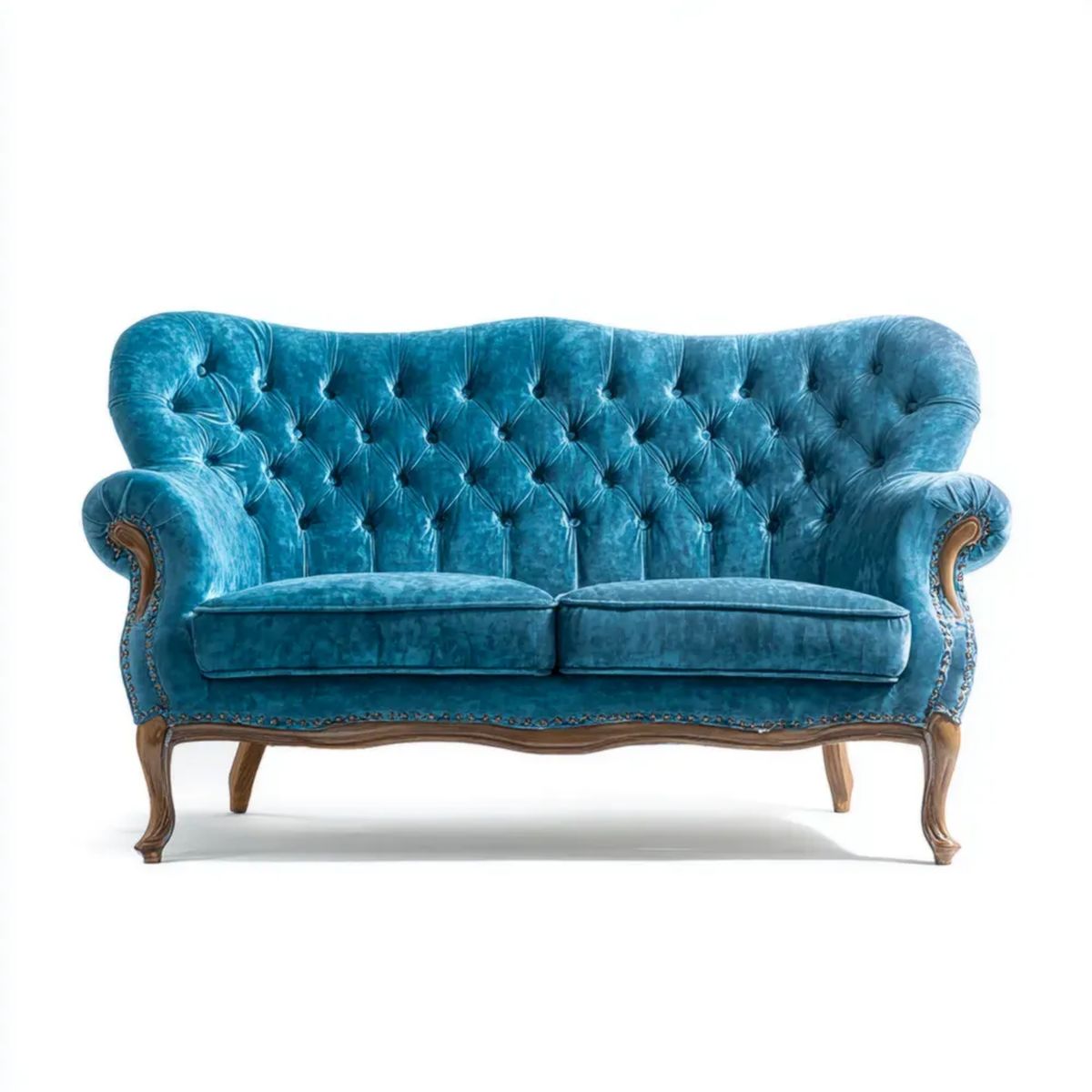 Dwuosobowa sofa Chesterfield z aksamitu, niebieska, rama z drewna litego, 170 x 90 x 105 cm