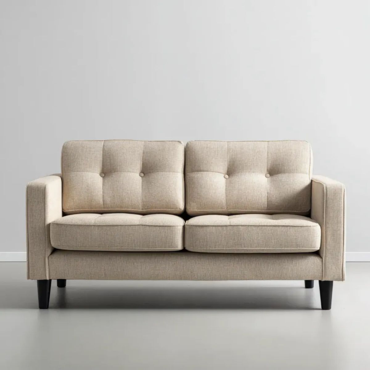 Dwuosobowa sofa tapicerowana beżowa z czarnymi nogami, 140 x 80 x 85 cm