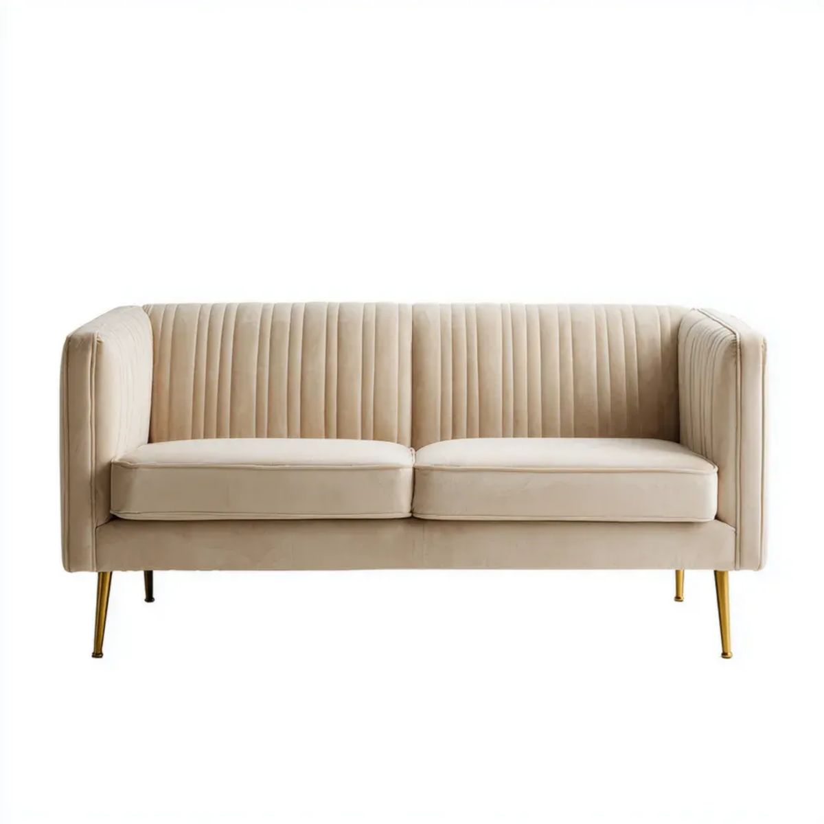 Dwuosobowa sofa aksamitna beżowa ze złotymi metalowymi nogami, 160 x 82 x 78 cm