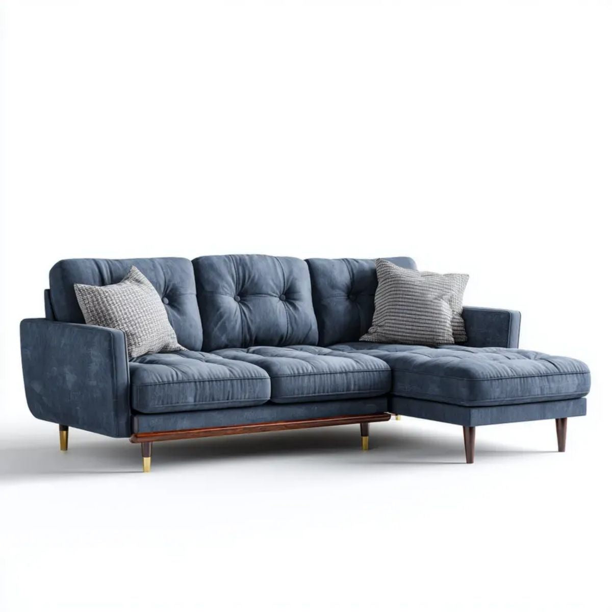 Prawostronna sofa narożna w kształcie L z szezlongiem, granatowa, welur poliestrowy, 260 × 160 × 85 cm