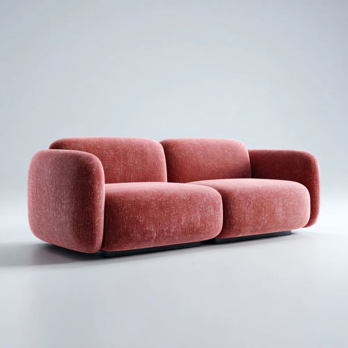 Dwuosobowa sofa z różowego sztruksu z czarną podstawą, 190 x 95 x 70 cm, zaokrąglona