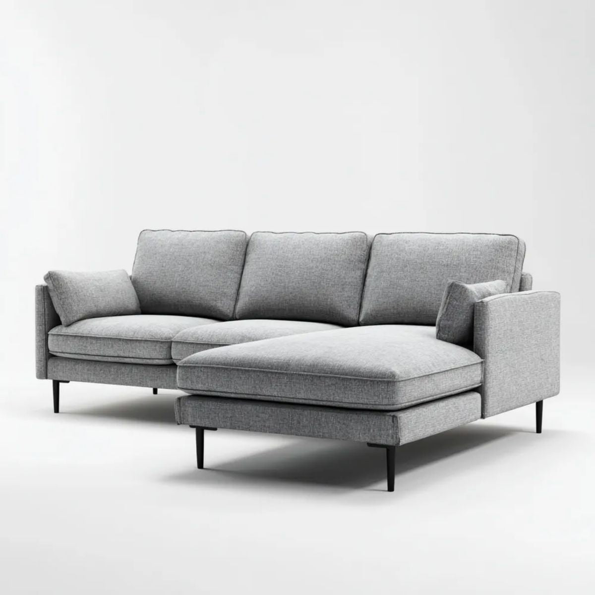 Szara sofa narożna w kształcie L z prawostronnym szezlongiem, tapicerowana tkaniną, 250 × 160 × 85 cm