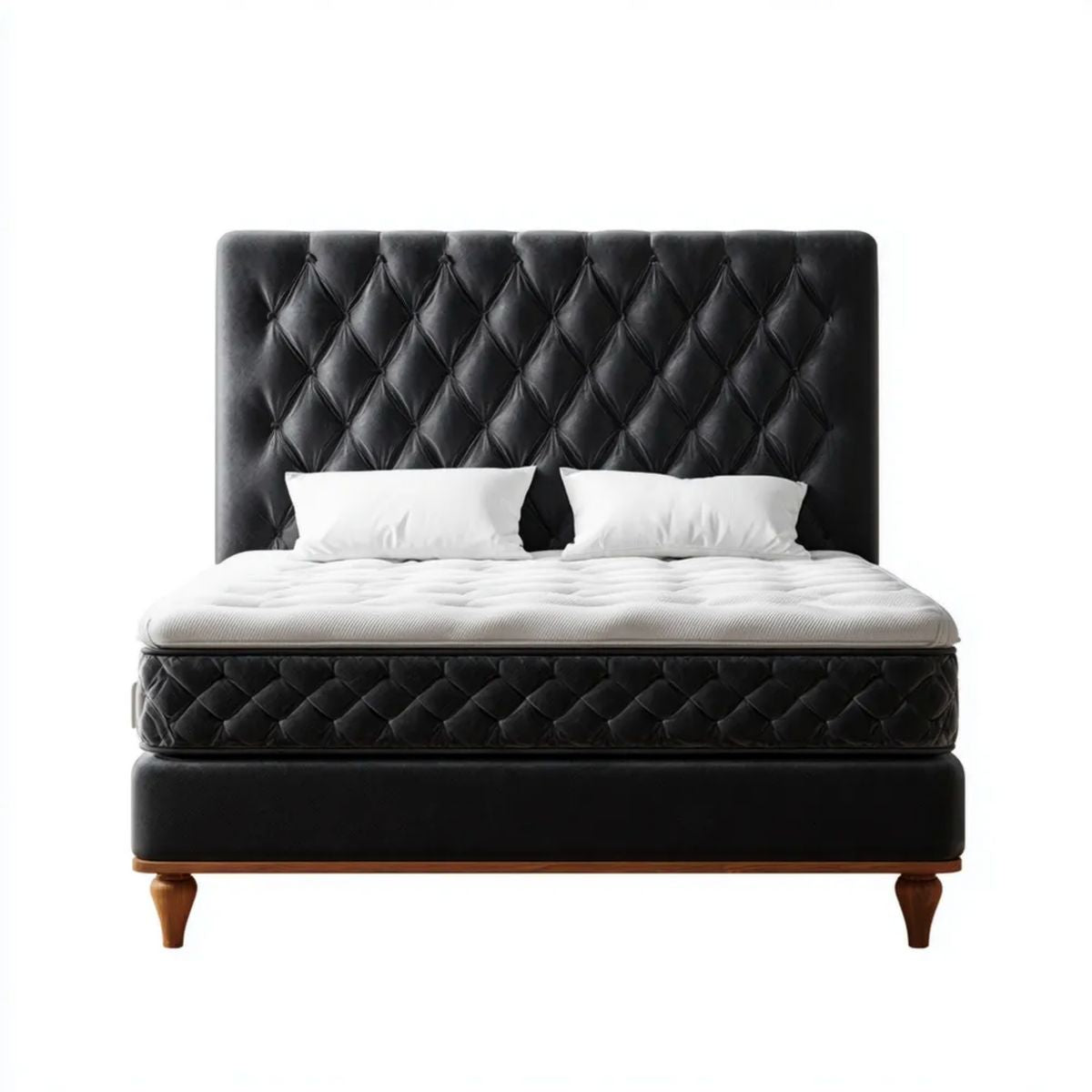 Dwuosobowe łóżko kontynentalne 160 x 200 cm czarne z brązowymi nogami, tapicerowane welurem